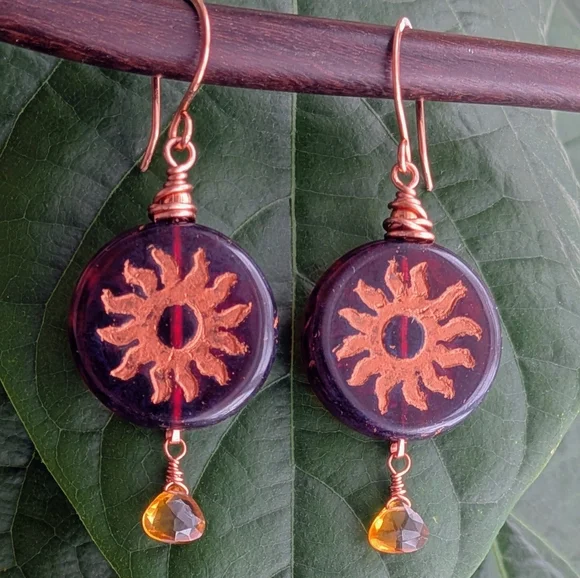 Celestial Sun Earrings Artisan Crafted Copper Wrap Congnac Citrine Drops - Picture 15 of 16